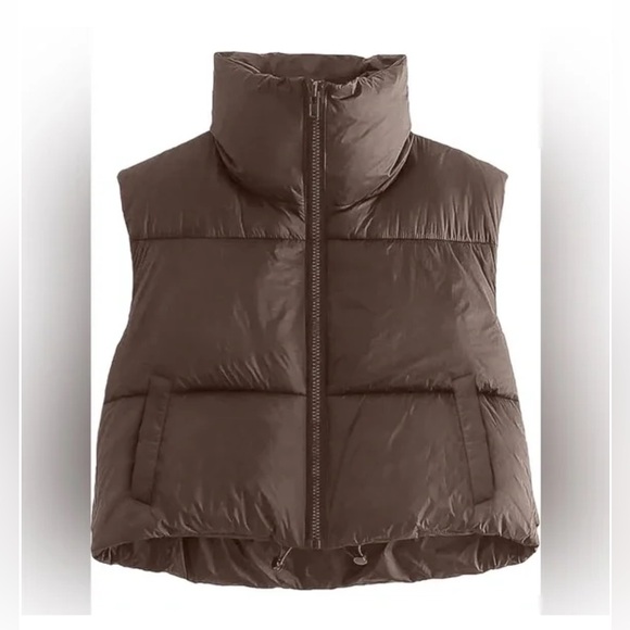 NWT- Women’s Lightweight Sleeveless Cropped Puffer Vest, medium, brown - Picture 2 of 9